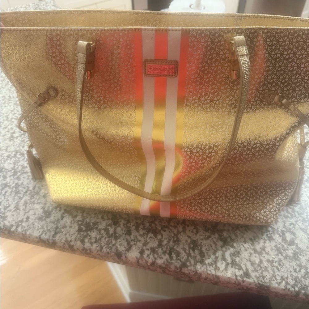 Lilly Pulitzer Gold & white Tote Bag with Textured Design
